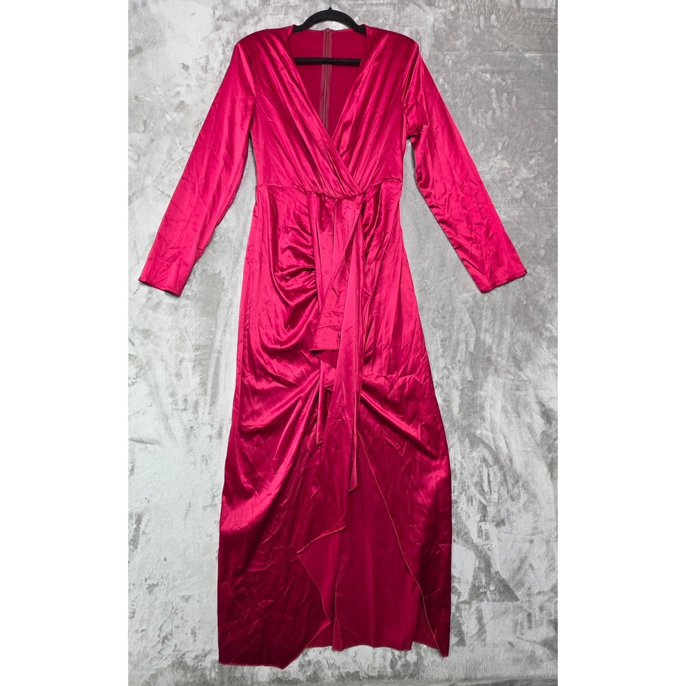 Shein Hot Pink Satin Maxi Dress Long Sleeve VNeck Shoulder Pads Gown Size L 8 10